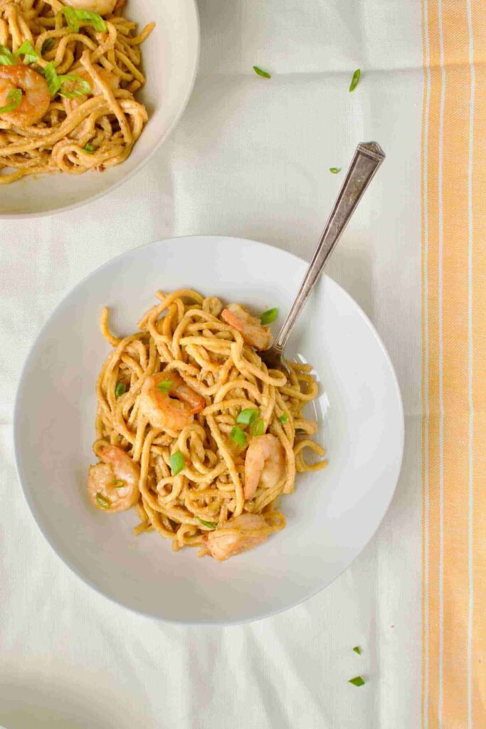 15 Minute Shrimp Yakisoba Noodles with Peanut Sauce