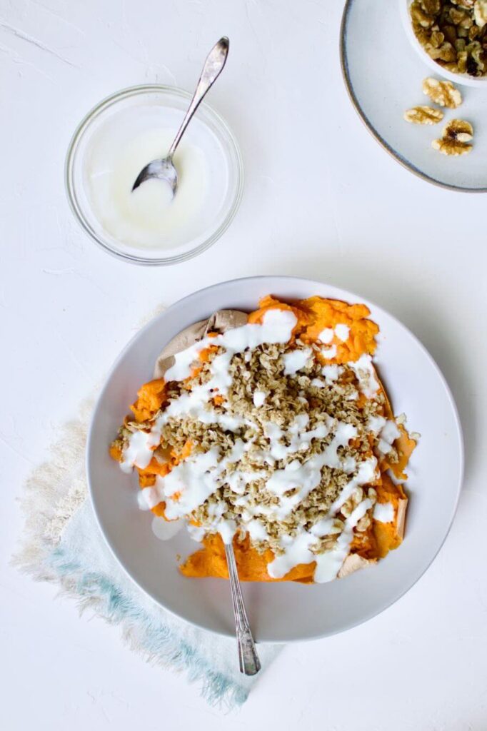 Maple Oat Crumble Stuffed Sweet Potato