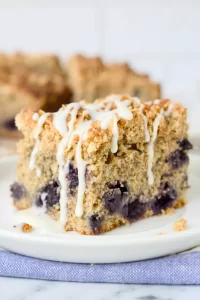 Whole Wheat Blueberry Coffee Cake with Lemon Powdered Sugar Glaze